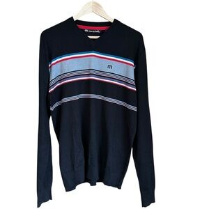 Travis Mathew Striped V Neck Lightweight Pullover Sweater Sz L